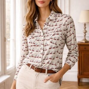 Equipment Cream Red Femme Silk Sailboat Print Blouse‎ Button Down Size Small